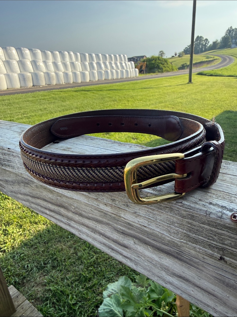 Brighton Brown Leather Belt with Woven Inlay and Brass Buckle